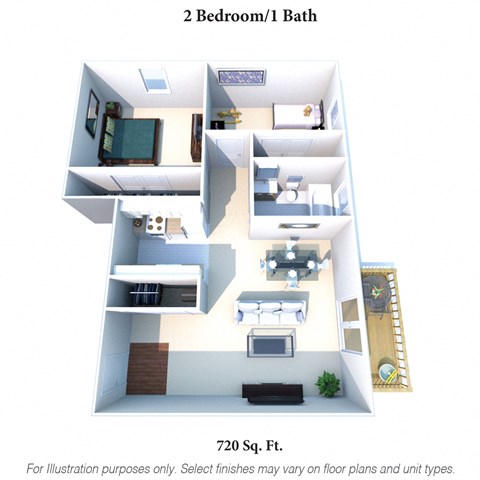 Floor plan for 2 beds, 1 bath, 720 sqft